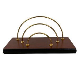 Vintage Shiny Brass & Wood Letter Mail Holder Organizer Desk Decor